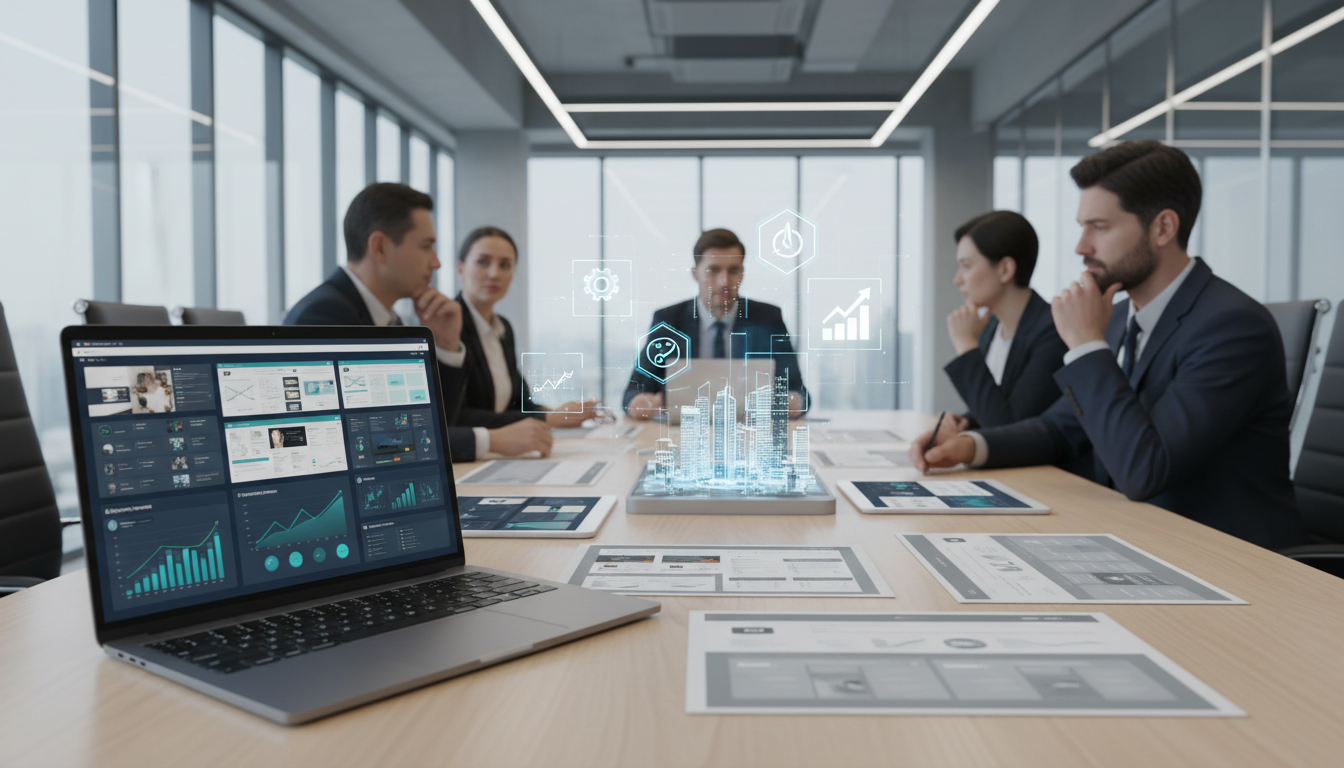 Firefly_Gemini Flash_Cena corporativa mostrando comparação de projetos de site- mesa com diferentes propos 877807