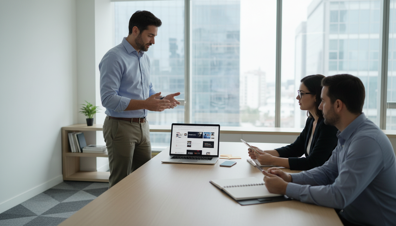 Firefly_Gemini Flash_Empresário organizando briefing para criação de site em escritório moderno, mesa com 674765