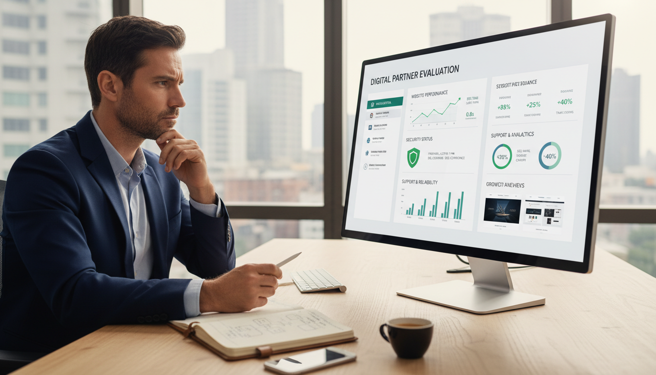 Firefly_Gemini Flash_Ultra-realistic corporate decision-making scene representing choosing a website maint 877807