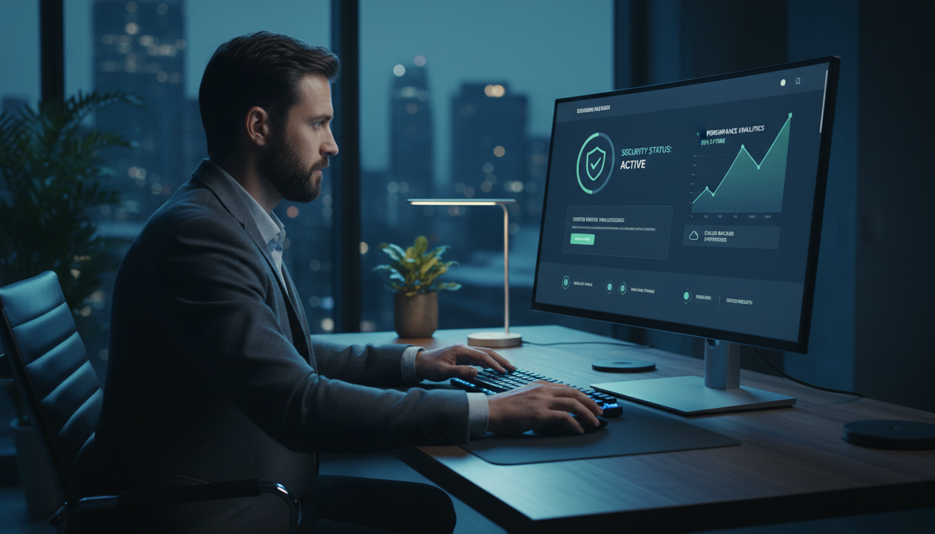 Firefly_Gemini Flash_Ultra-realistic corporate technology scene representing website maintenance and digit 877807